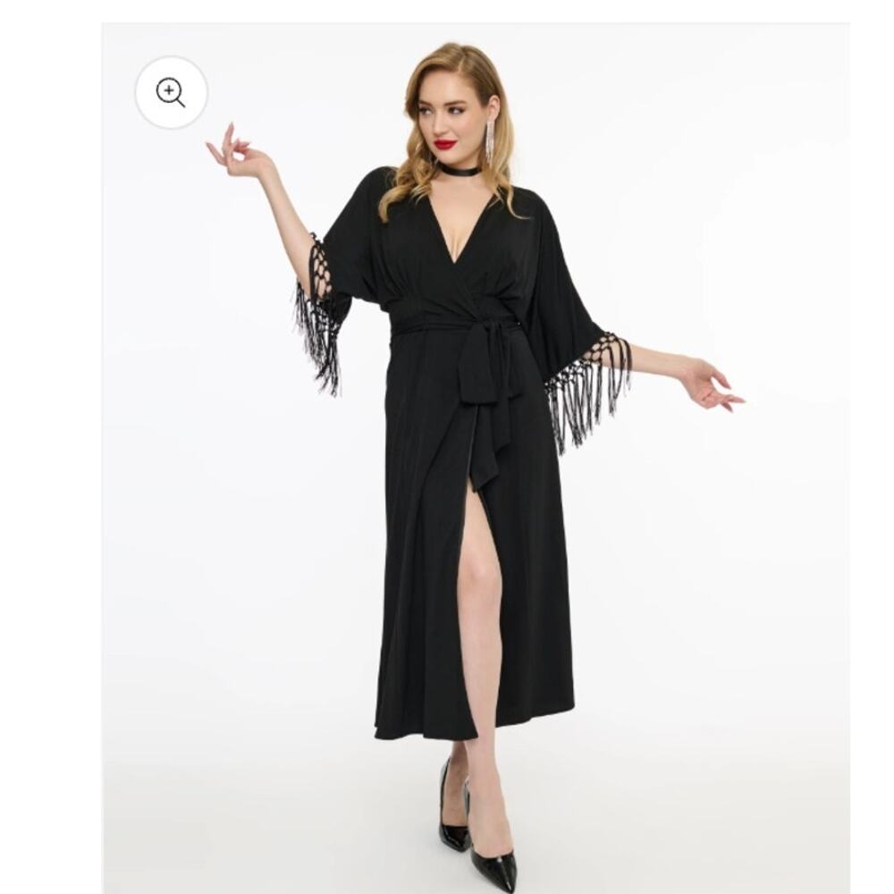 Unique Vintage Black Wrap Midi Dress Fringe Sleeves Goth Core Black 1X NWOT#27